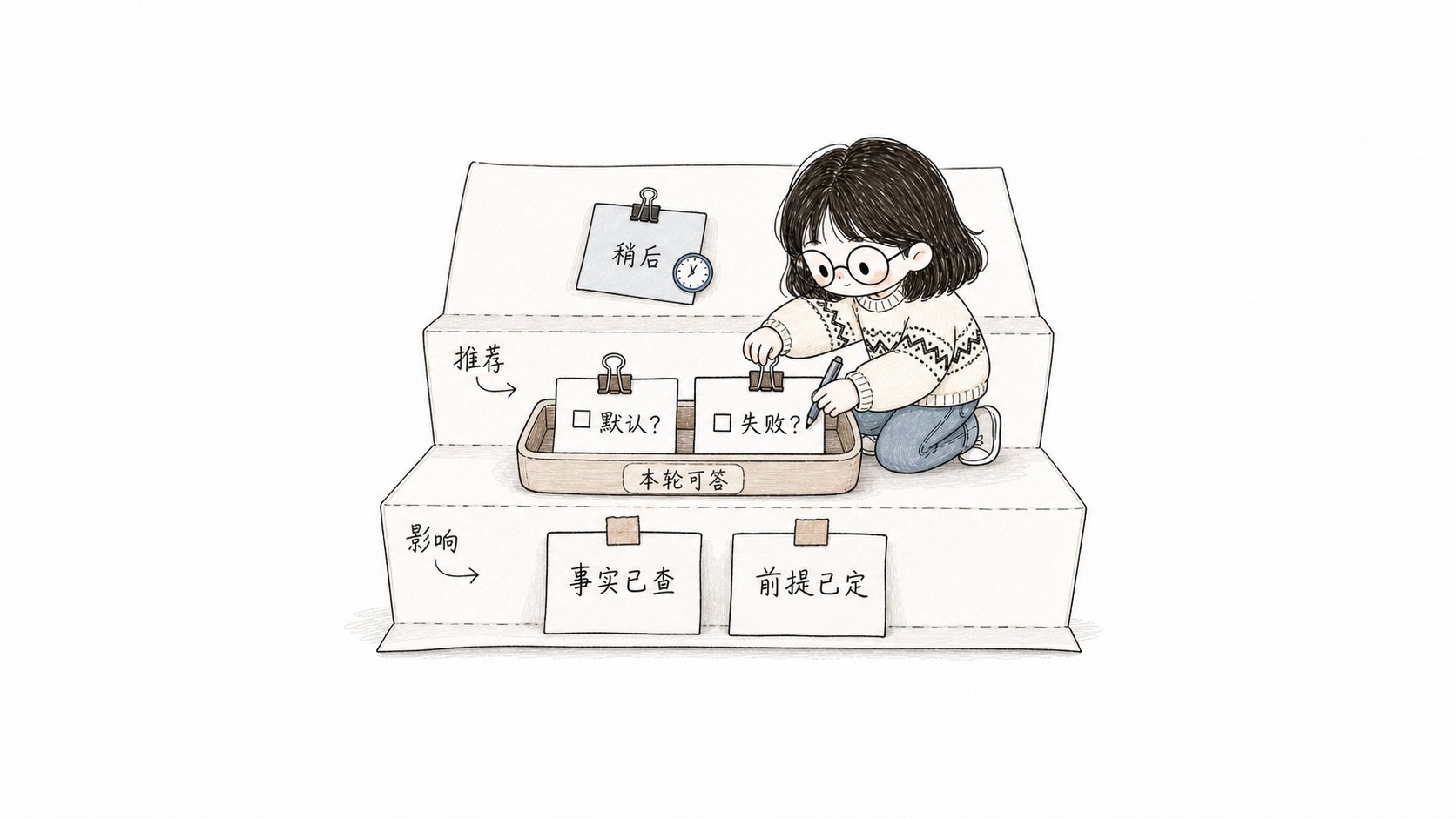 小鱼在折页台阶上夹住本轮问题卡,已确定的前提在下方,下一轮问题在上方等待