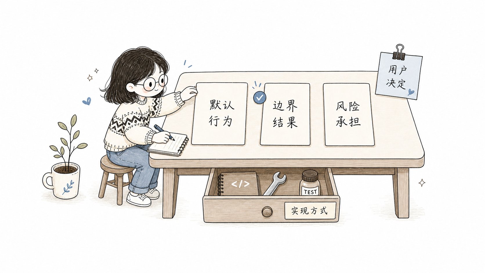 小鱼圈出窗边代表用户可见结果的决定便签,桌下抽屉放着模型自主选择的实现工具