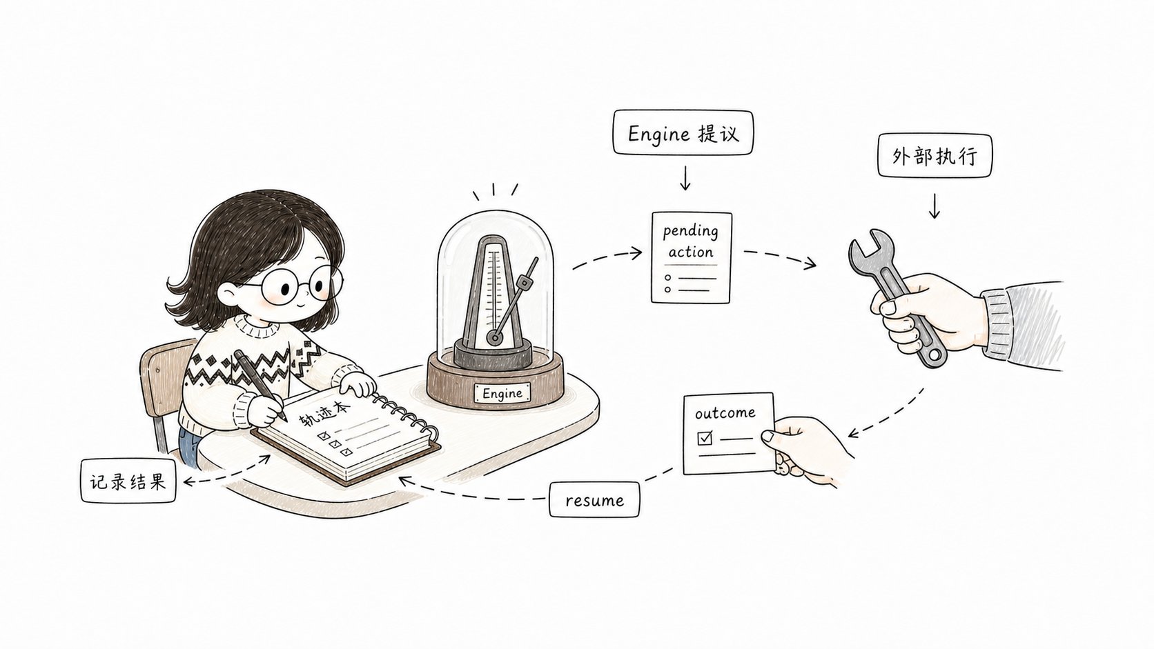 小鱼记录 Engine 提议的 pending action,外部执行后再通过 resume 提交 outcome