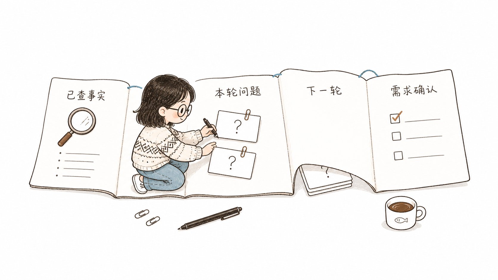 Little Fish compiles the verified facts, the current round of issues, and the next round of issues, and writes the confirmed results into the requirements summary.