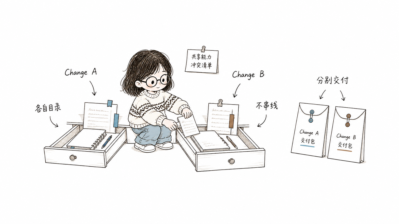 小鱼把两个独立 Change 放在各自工作区中推进，并分别完成交付