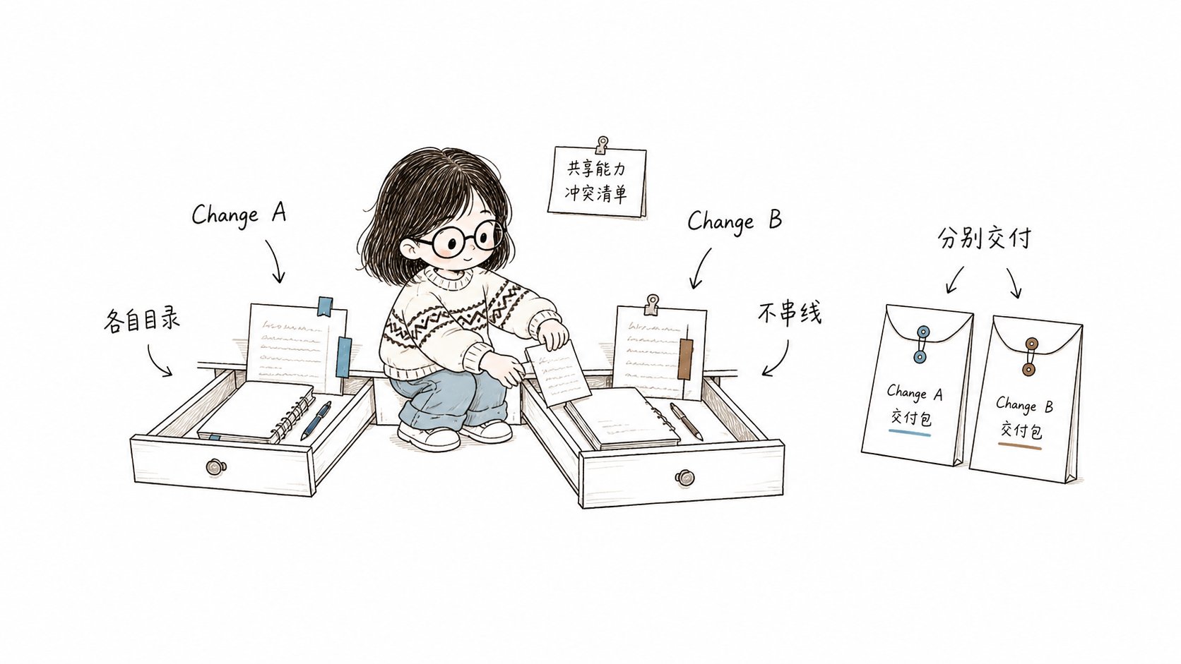 小鱼把两个独立 Change 放在各自工作区中推进,并分别完成交付