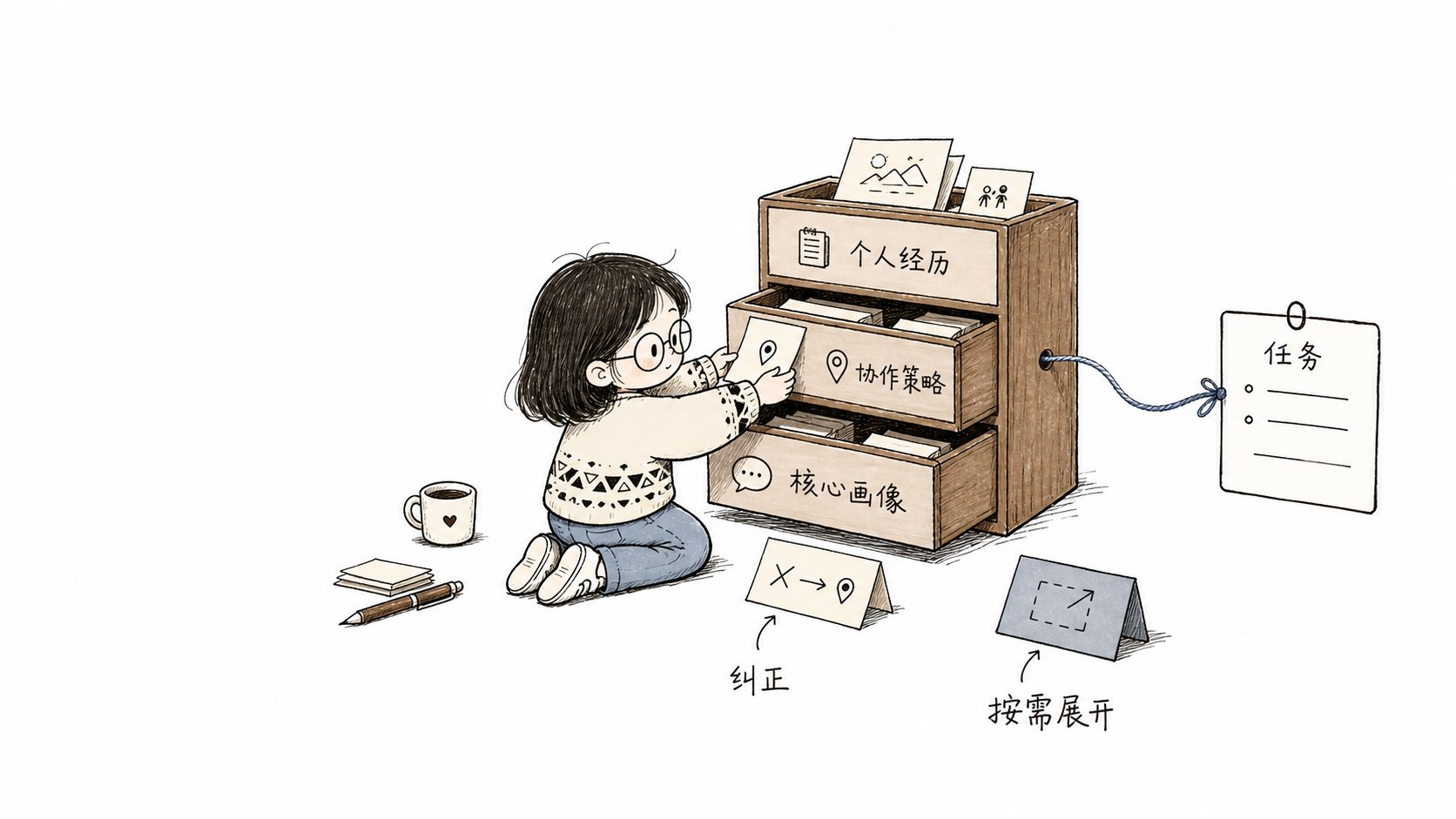 小鱼把核心画像、协作策略和个人经历分层保存,并在相关任务中按需提供