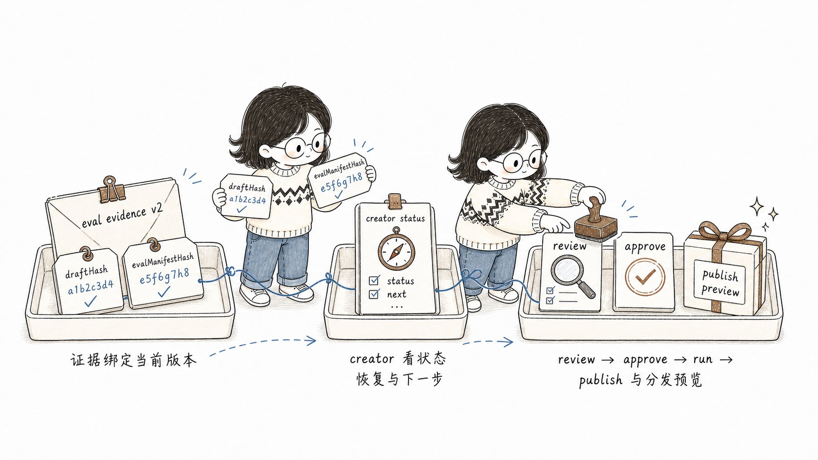 小鱼检查 eval evidence v2 的 draftHash 和 evalManifestHash,再通过 creator status/next、review、approve 和 publish preview 推进发布