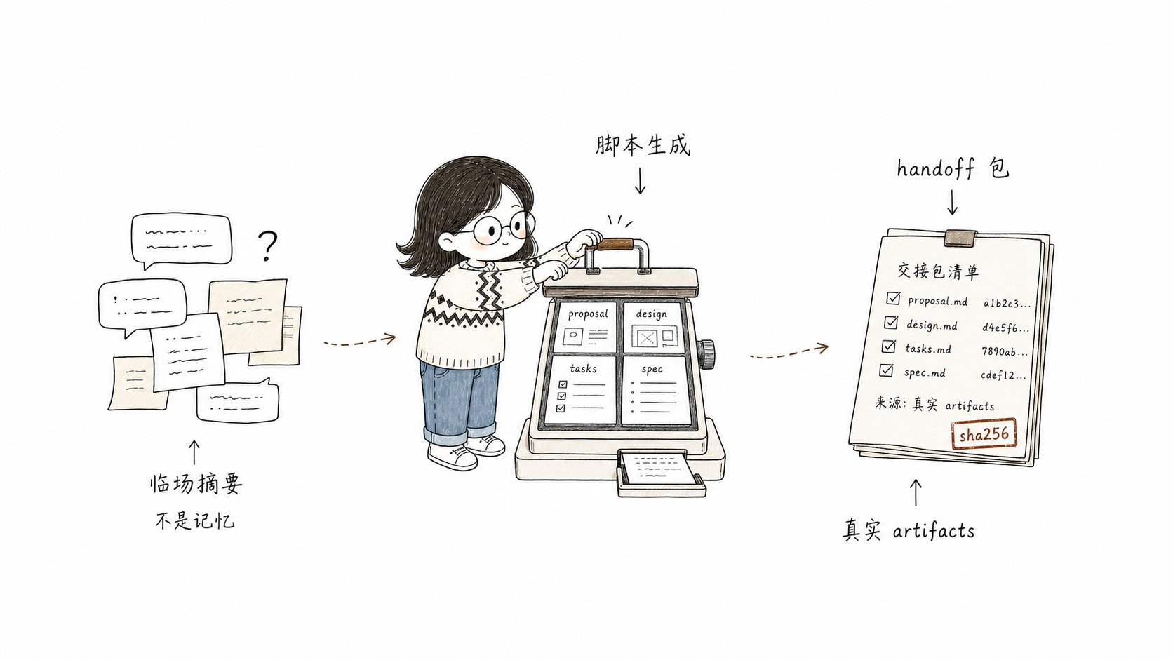 小鱼用脚本夹板把真实 OpenSpec artifacts 压成带 sha256 标记的 handoff 交接包