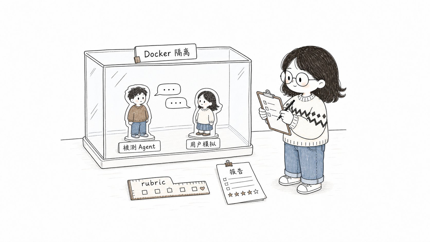 Little fish observing the subject Agent, user simulator Agent, and rubric evaluation scene outside the Docker isolation box