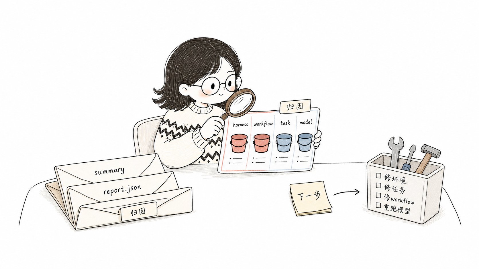 Xiaoyu follows summary, report.json, and failure attribution clues to decide the next action
