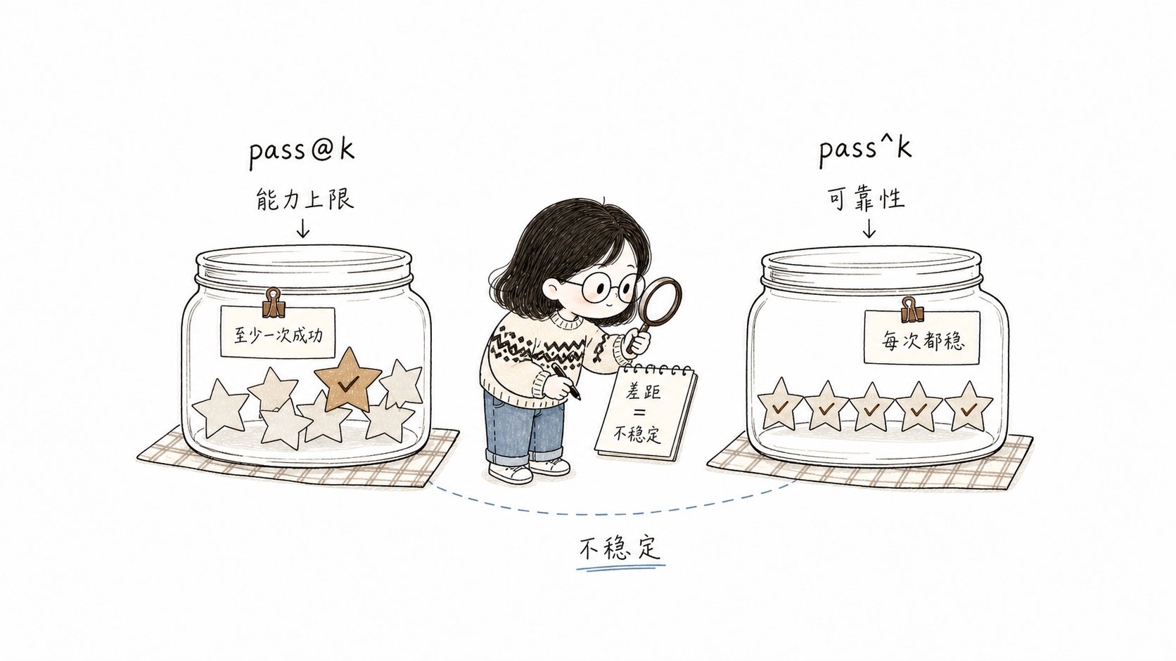 小鱼对比 pass@k 的至少一次成功和 pass^k 的每次稳定成功