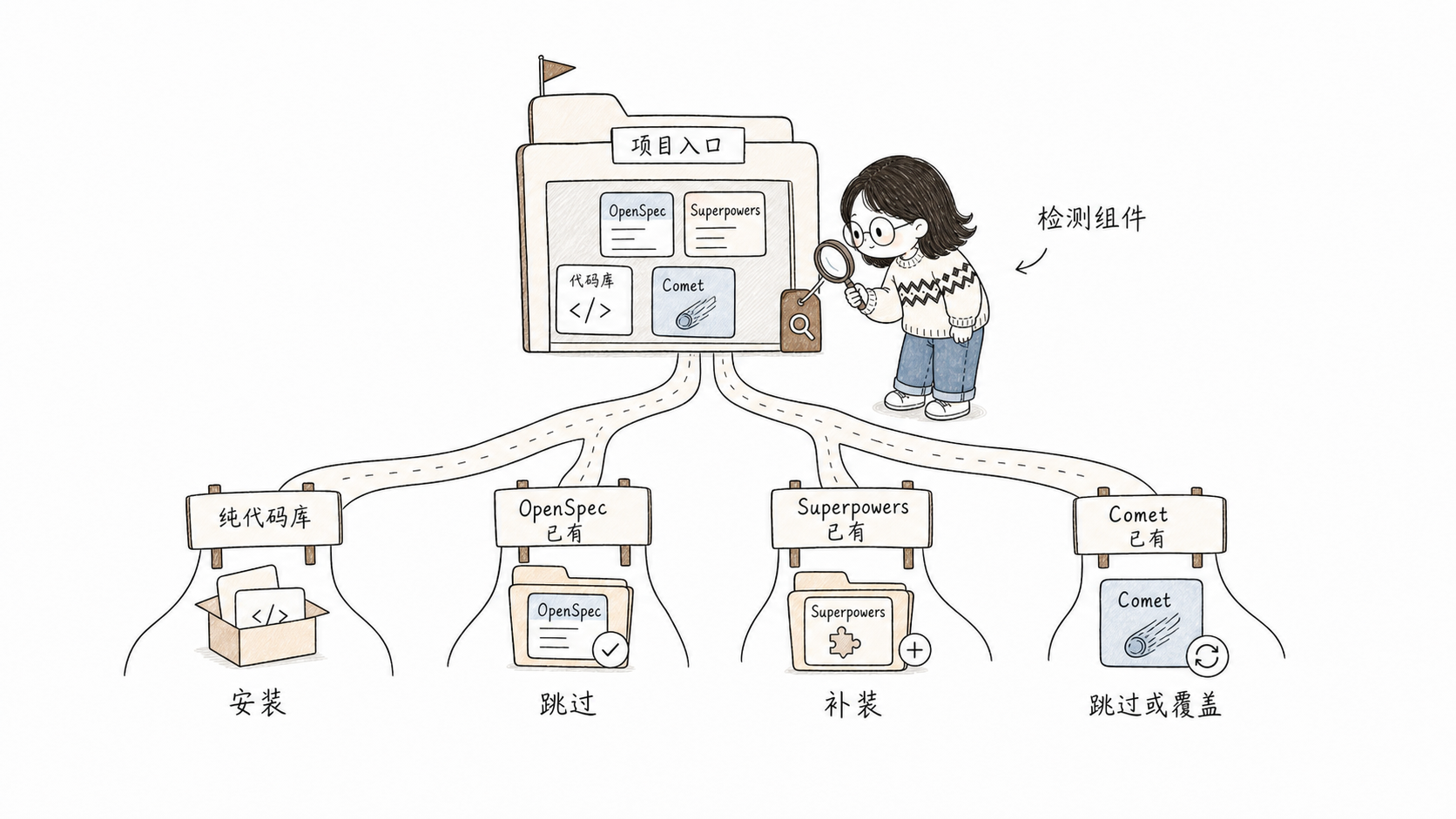 小鱼用放大镜检测存量项目里的 OpenSpec、Superpowers 和 Comet 组件并分流处理