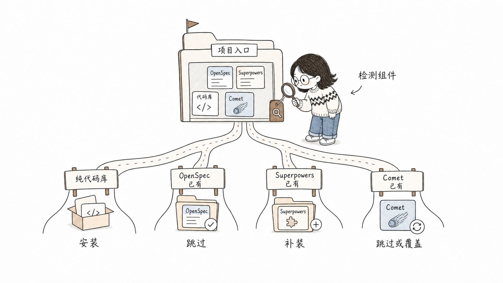 小鱼用放大镜检测存量项目里的 OpenSpec、Superpowers 和 Comet 组件并分流处理
