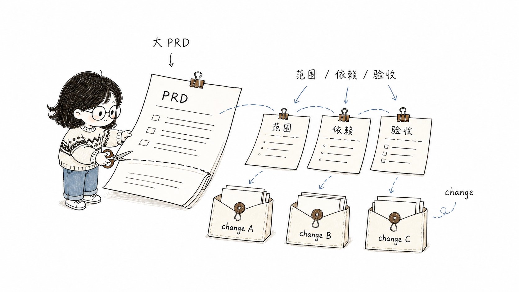 小鱼把一份大型 PRD 拆成多个带范围、依赖和验收说明的 change 卡片