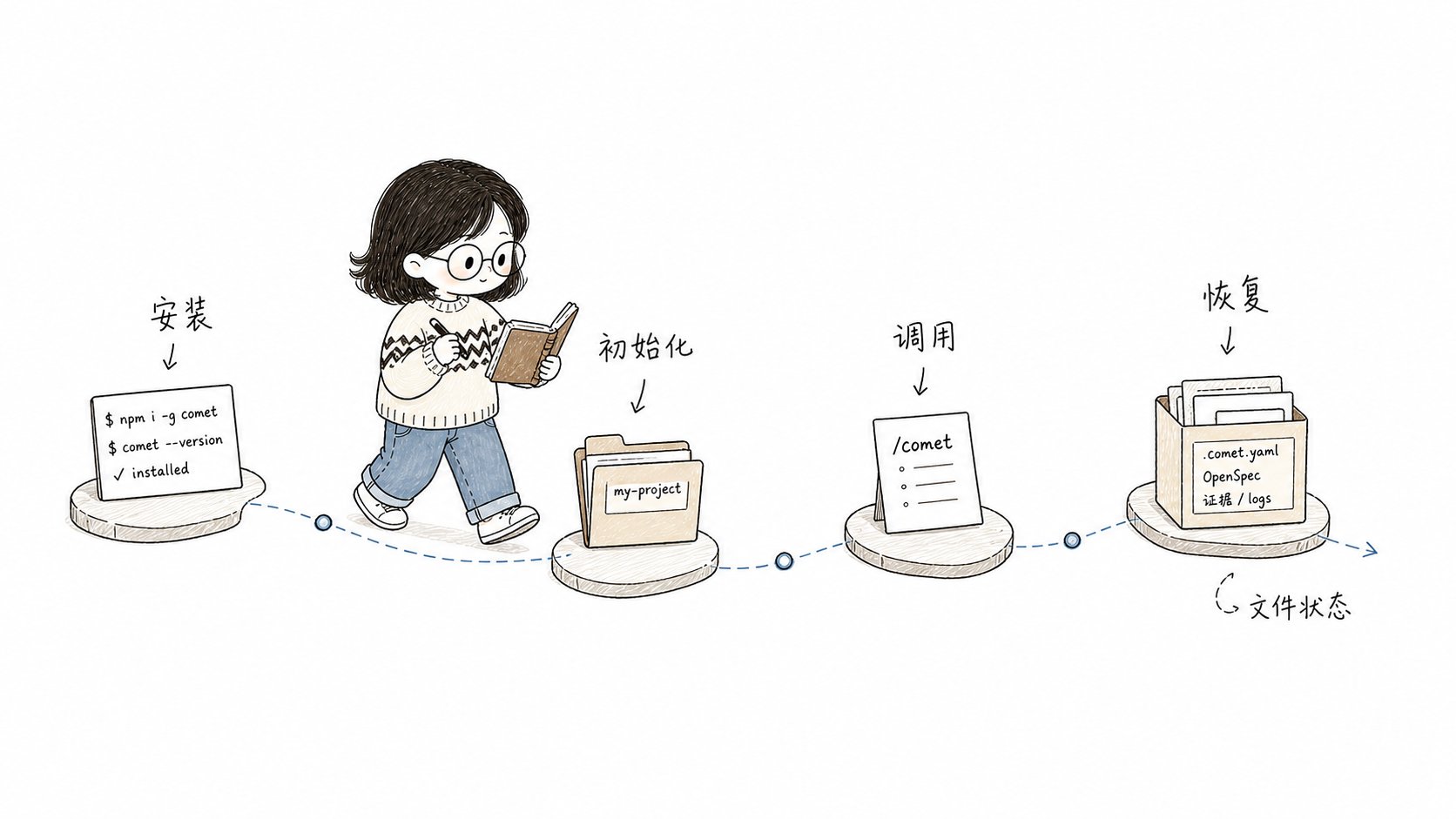 A small fish follows the Comet quickstart path through installation, initialization, invocation, and recovery