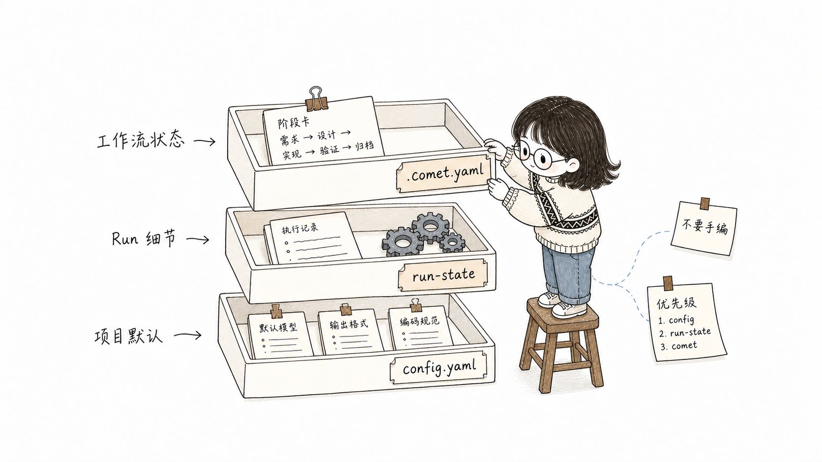 小鱼给 .comet.yaml、run-state 和 config.yaml 三层状态抽屉贴标签