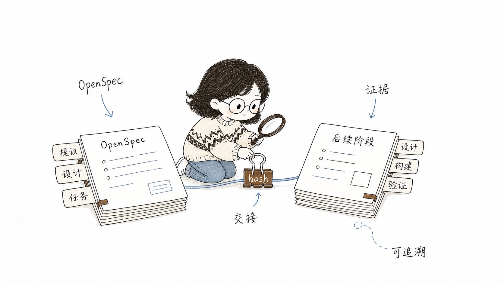小鱼用 hash 夹子把 OpenSpec 产物和后续阶段证据连接起来