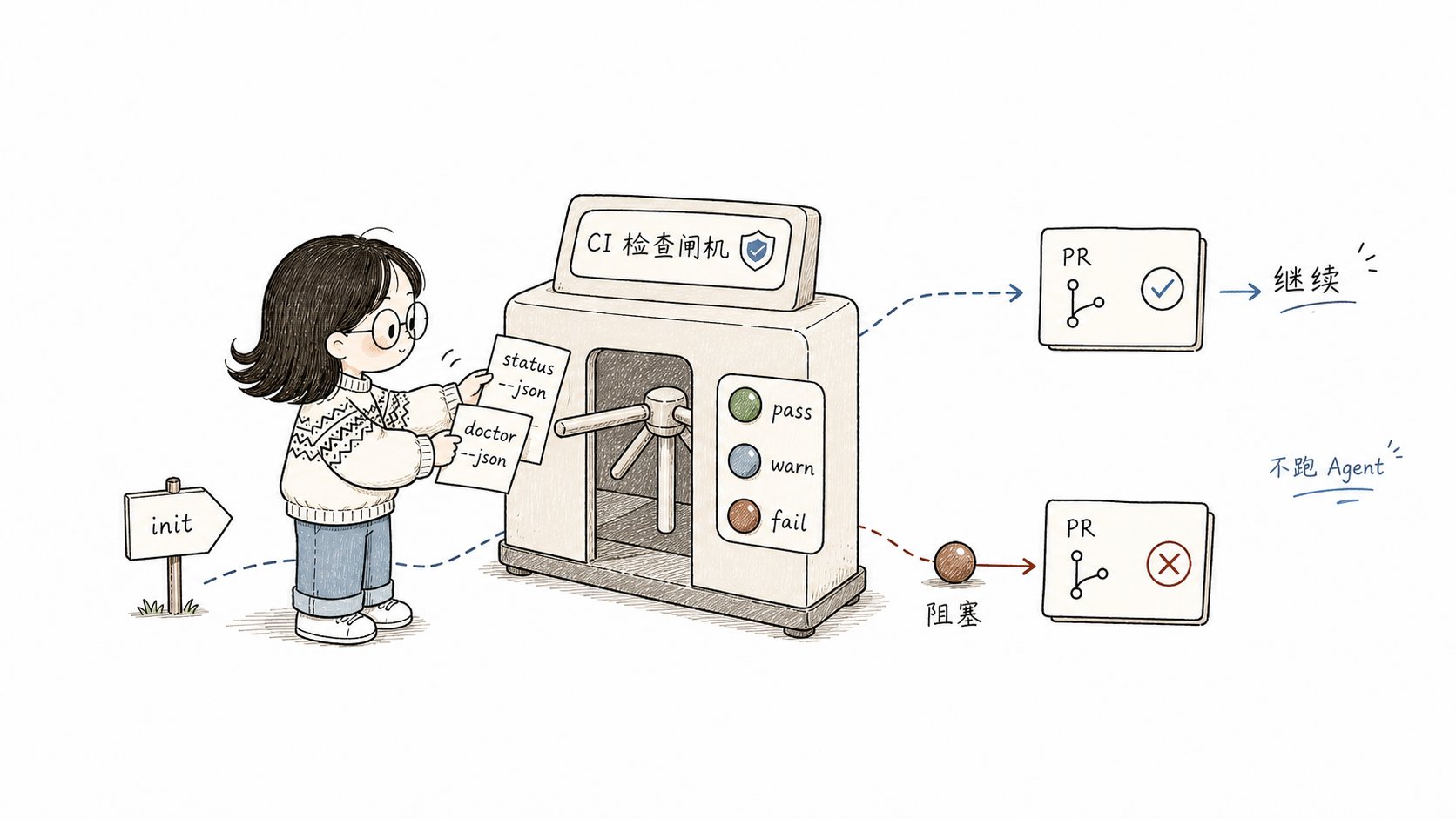 Xiaoyu feeds status and doctor JSON tickets into a CI gate that passes or blocks a pull request