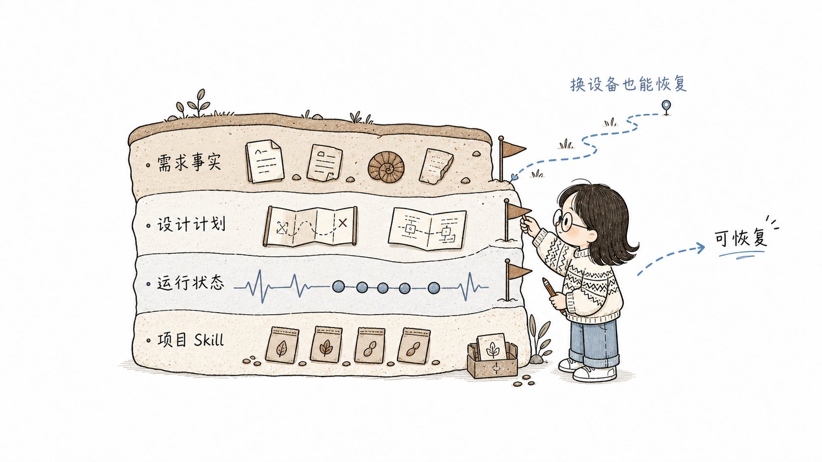Xiaoyu marks the repository layers that hold requirements facts, design plans, runtime state, and project Skills