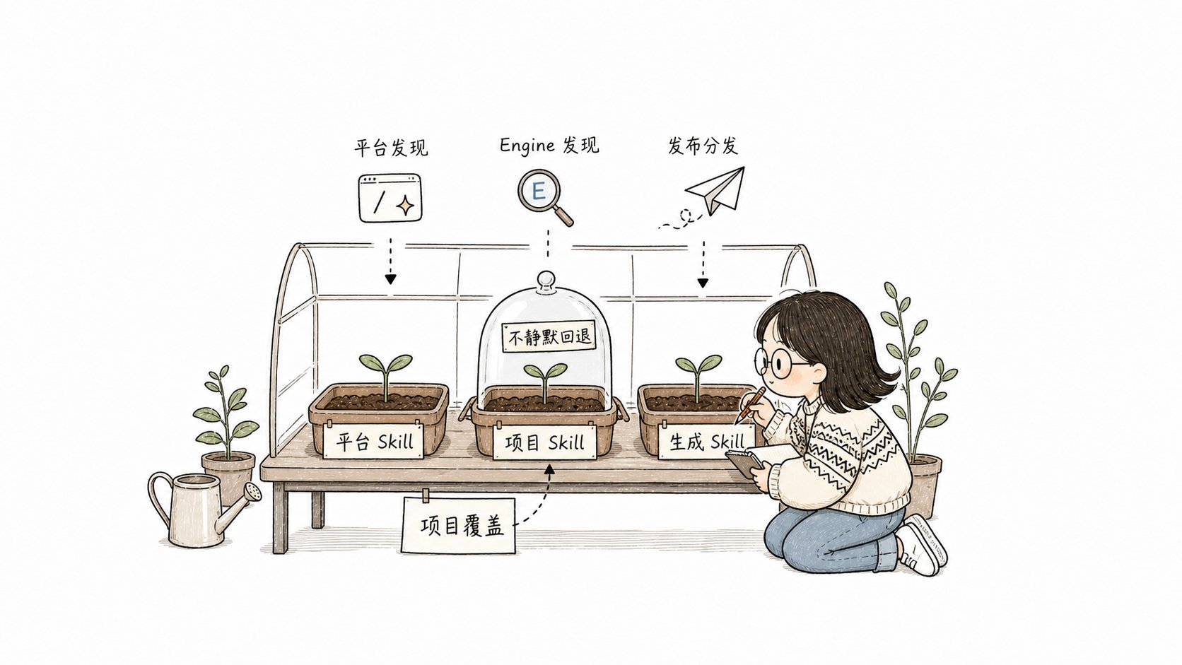 Xiaoyu sorts platform Skills, project Skills, and generated Skills in a small greenhouse by source and discovery mechanism
