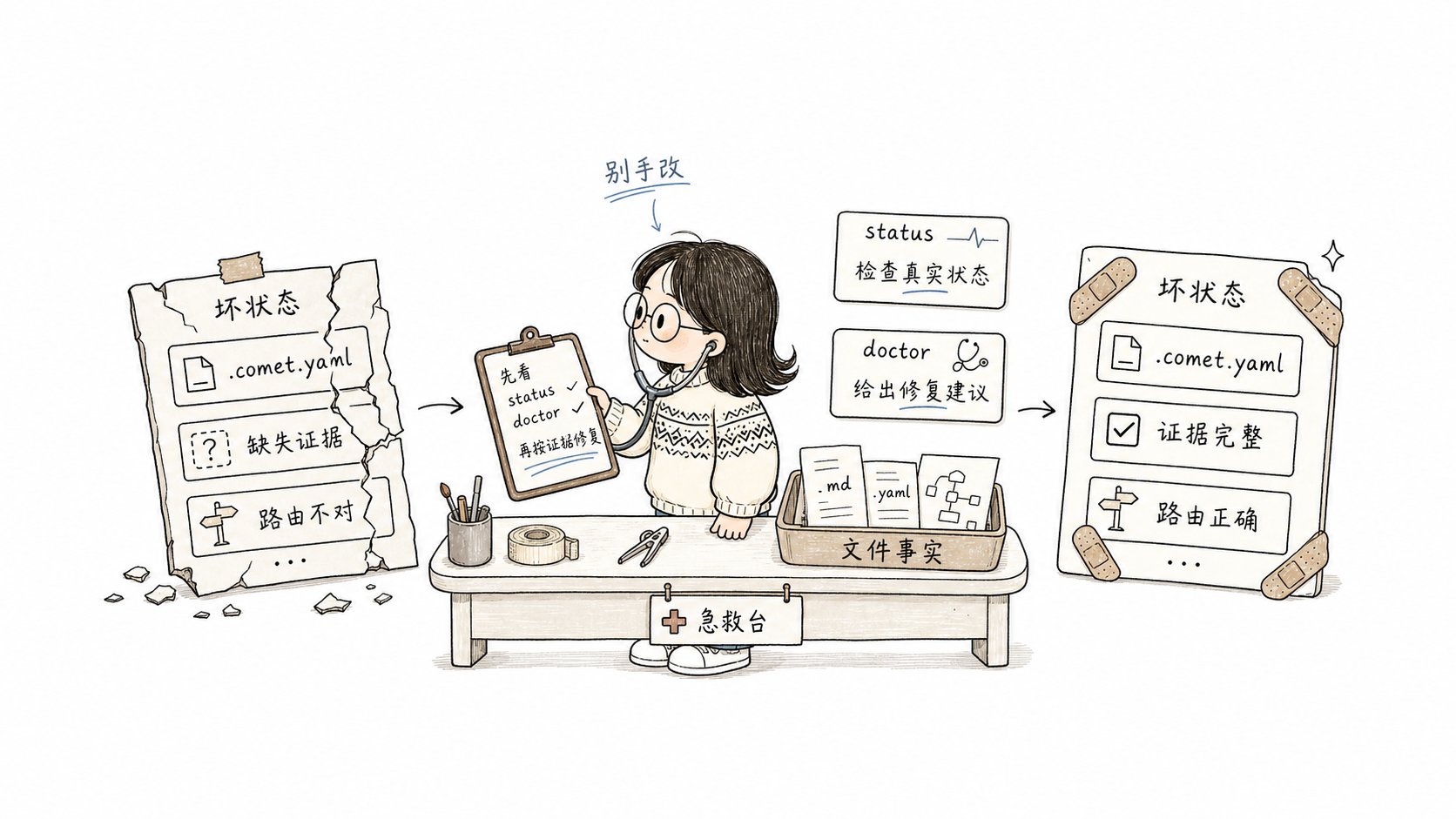 小鱼在状态急救台上用 status 和 doctor 诊断坏状态,并按文件事实恢复证据
