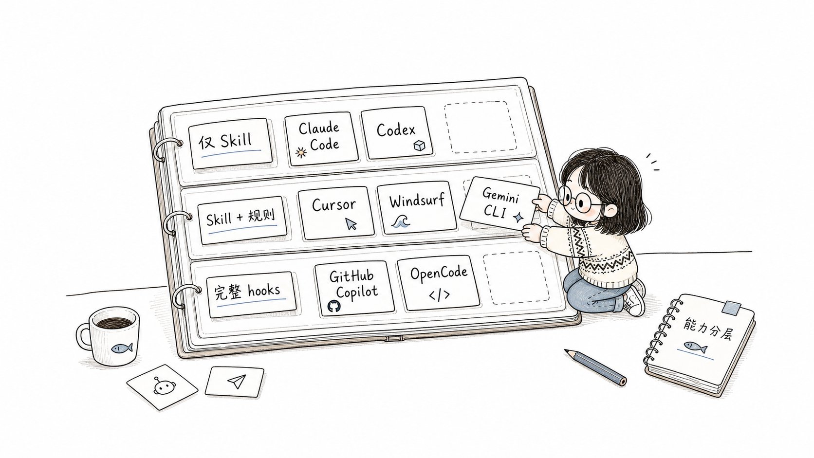 小鱼把 Claude Code、Codex、Cursor、Windsurf、Gemini CLI、GitHub Copilot 和 OpenCode 等平台卡片放入能力分层手账