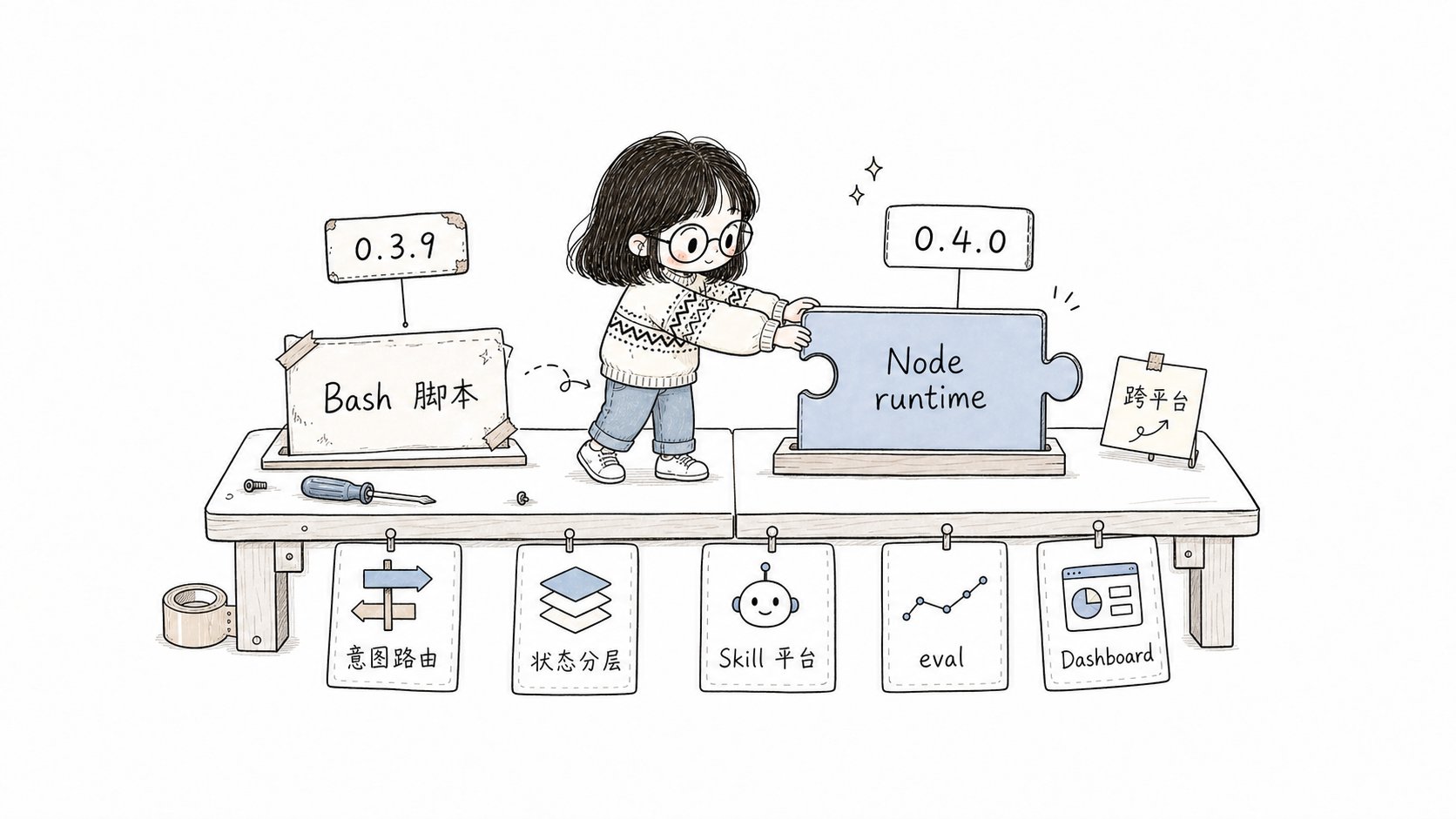 小鱼在改造工作台上把 0.3.9 的 Bash 脚本换成 0.4.0 的 Node runtime,并挂上意图路由、状态分层、Skill 平台、eval 和 Dashboard 模块