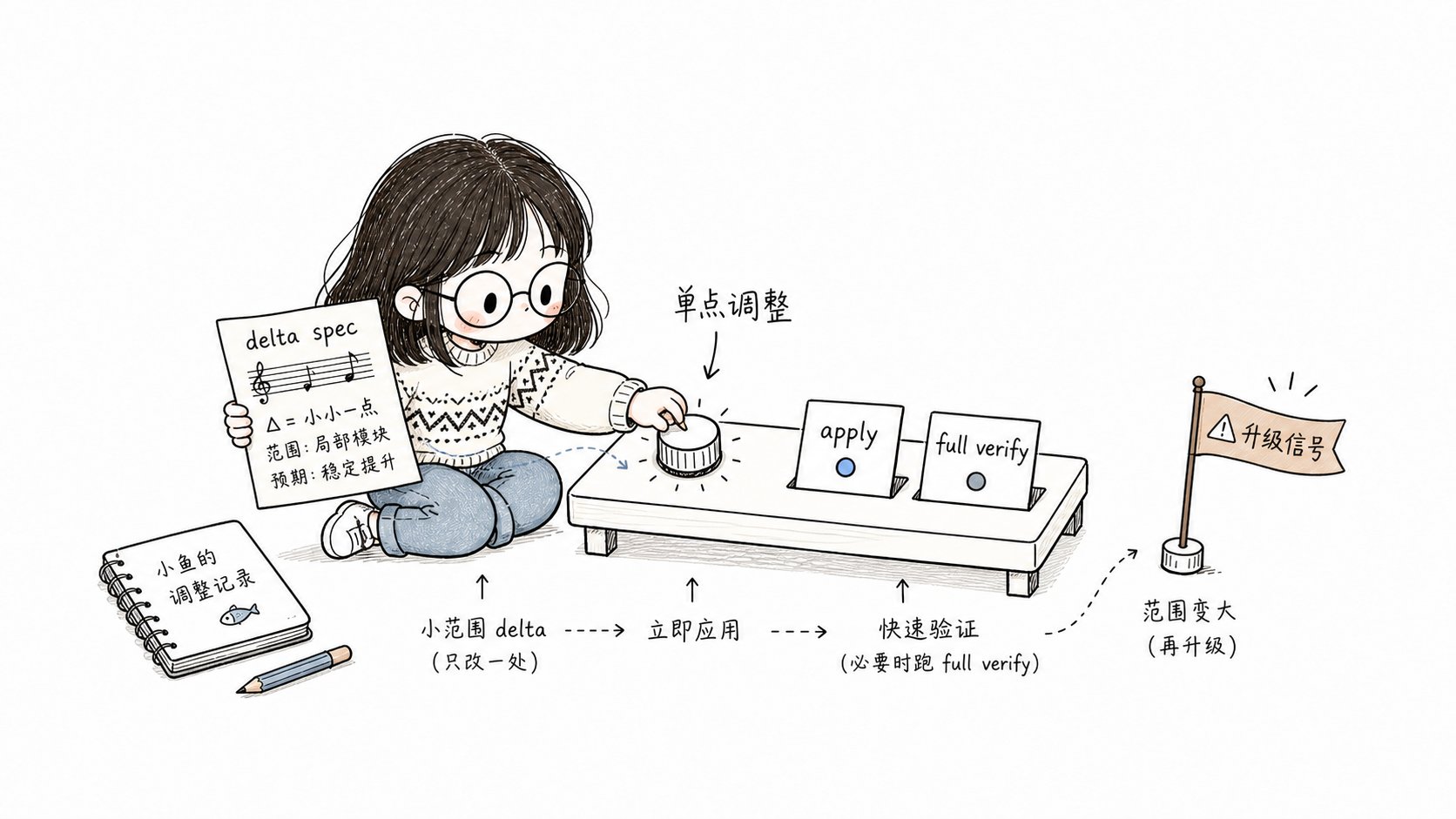 Xiaoyu uses a delta spec sheet to make a single-point tweak, then connects apply, full verify, and the upgrade signal when scope grows