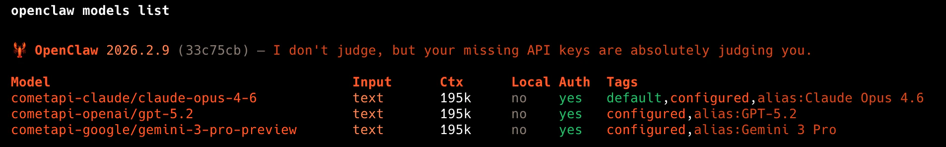 حالة models في OpenClaw تُظهر أن موفّري CometAPI موثّقون