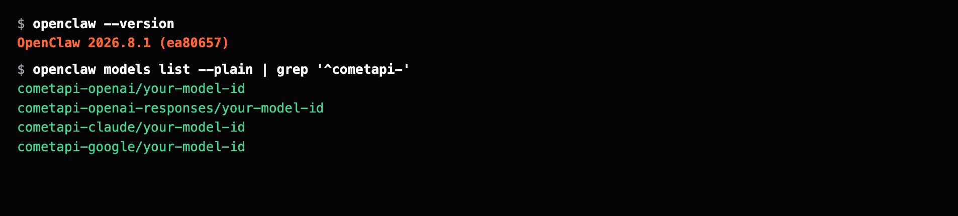 Lista de modelos do OpenClaw 2026.8.1 com quatro formatos de provedor CometAPI