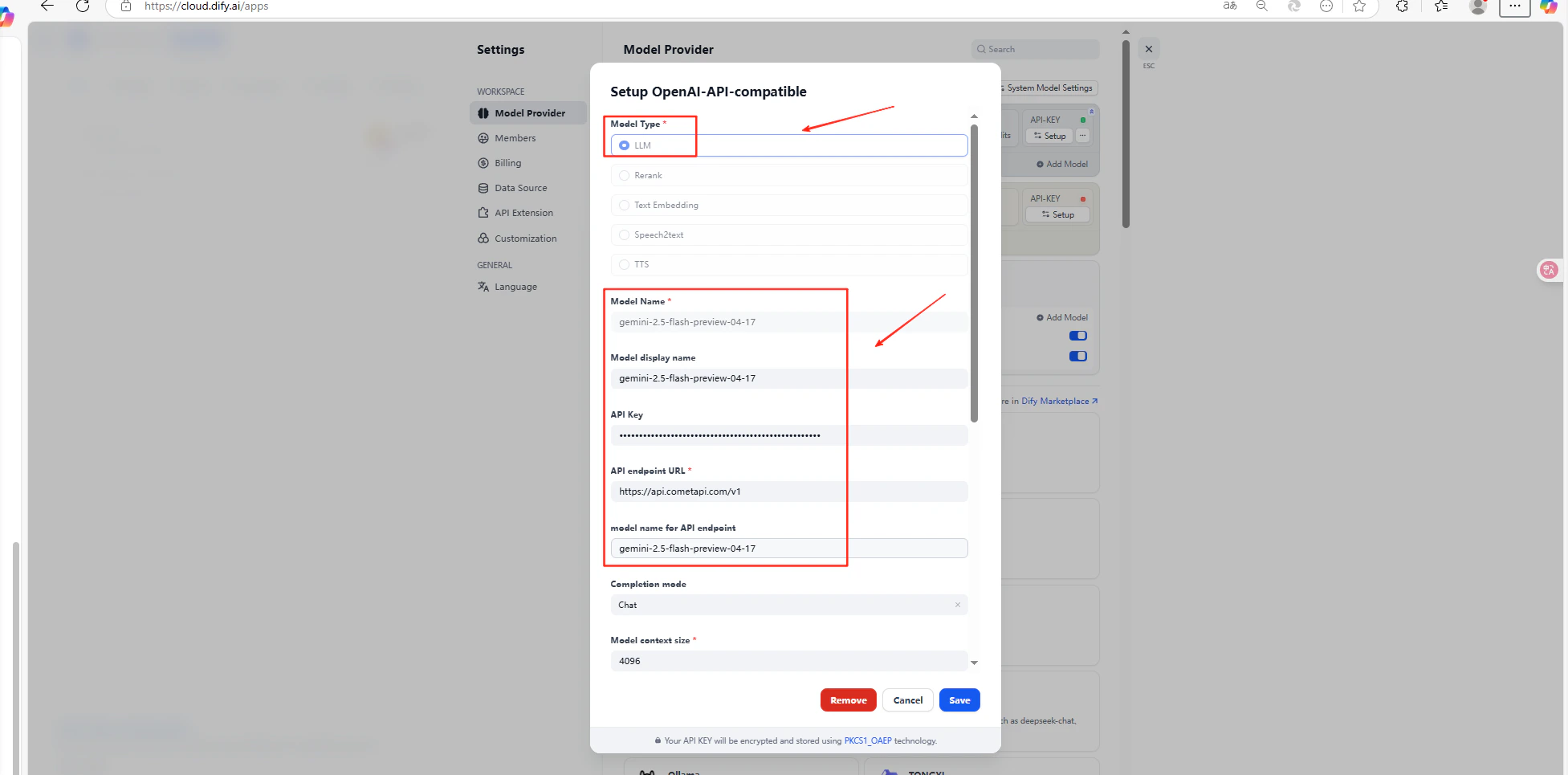 Liste des modèles Dify affichant une nouvelle entrée de modèle compatible CometAPI enregistrée