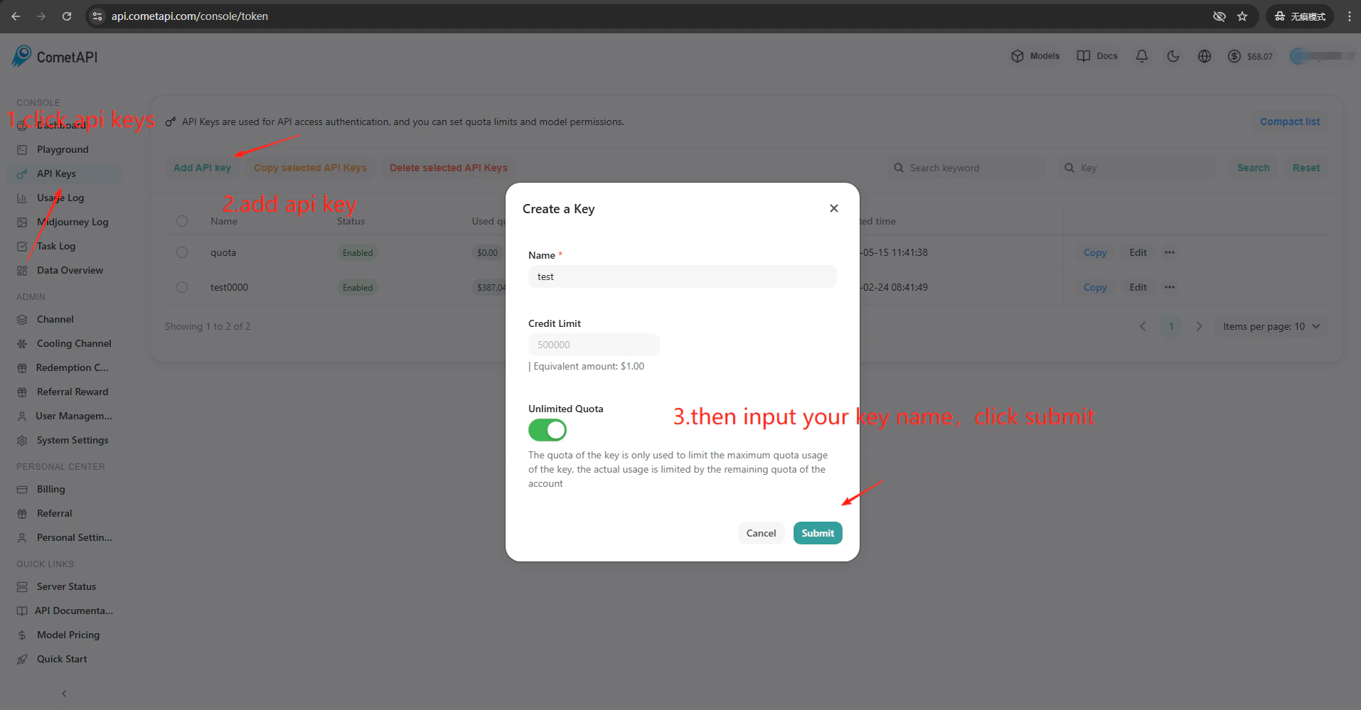 CometAPI 控制台中的 Add API Key 对话框