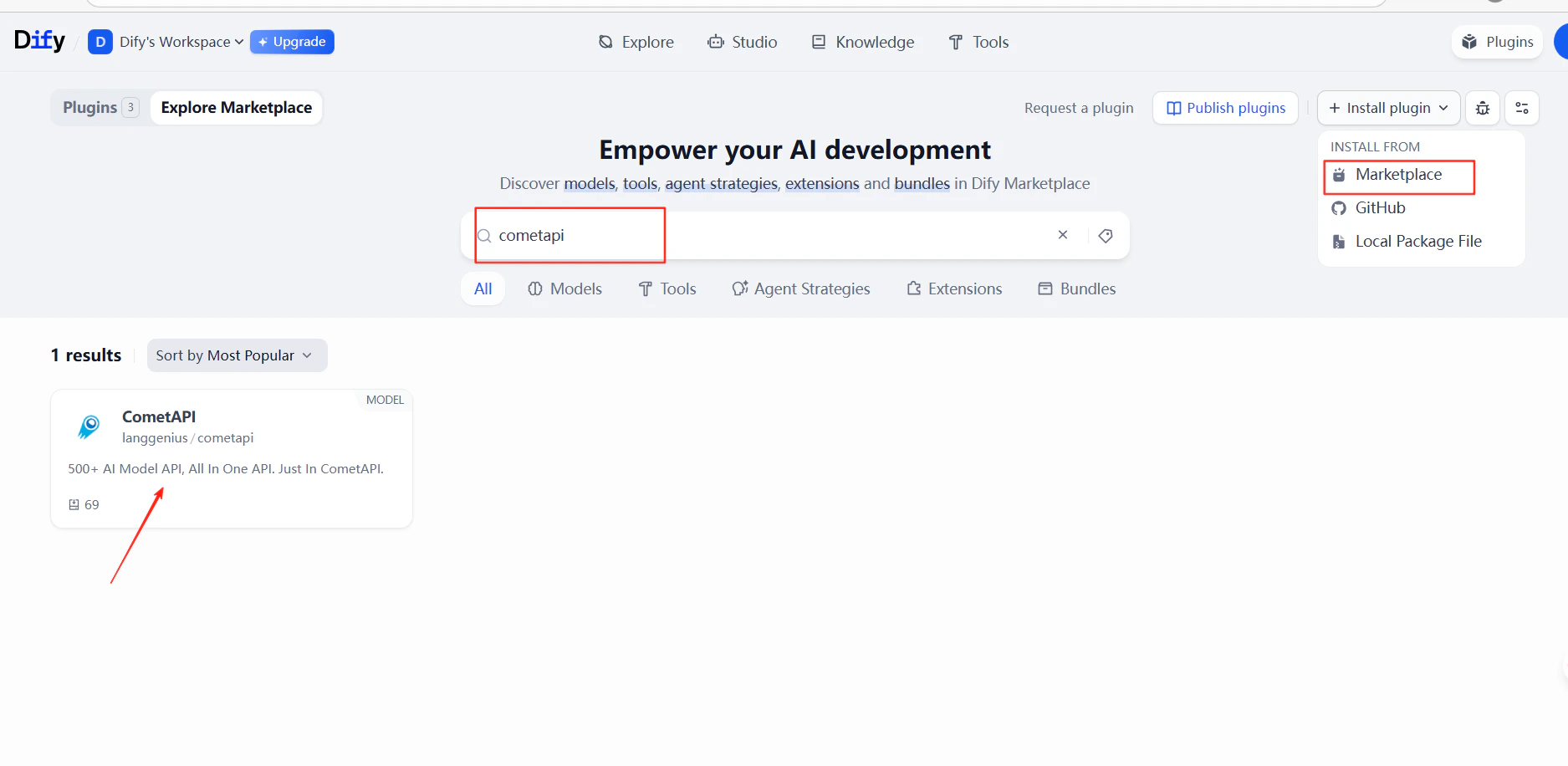 Résultats de recherche de la marketplace de plugins Dify affichant le plugin CometAPI