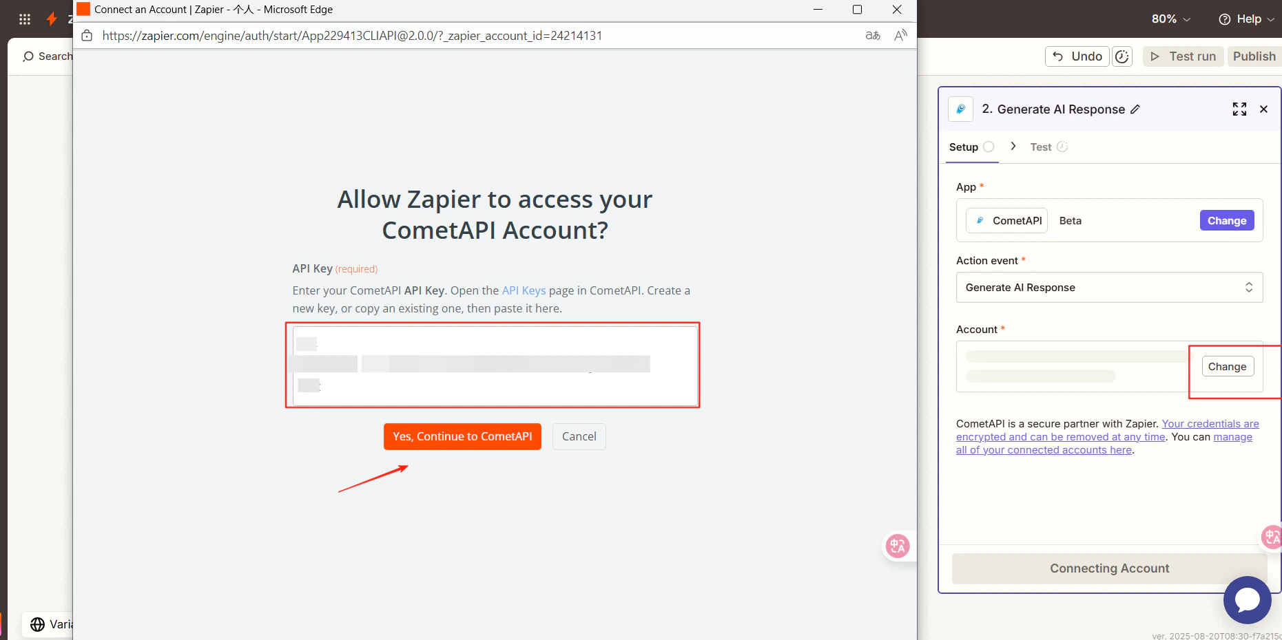Finestra di dialogo di connessione dell'account Zapier con campo API key