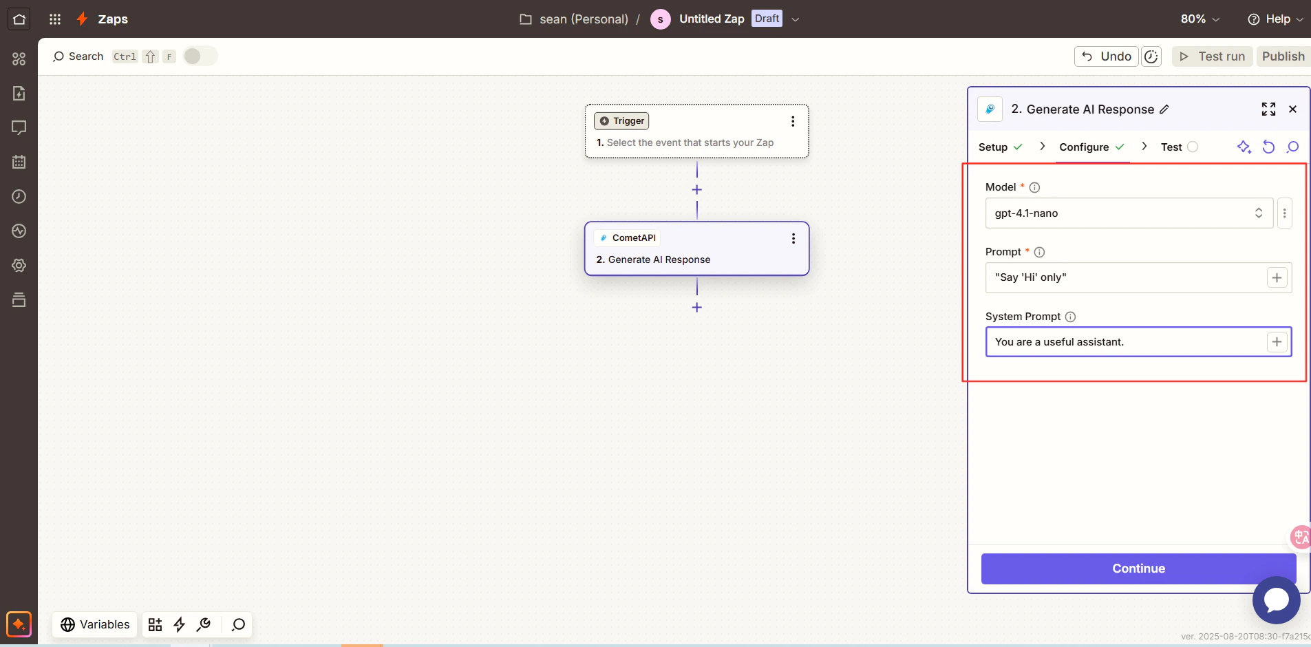 Passaggio di selezione del modello in Zapier