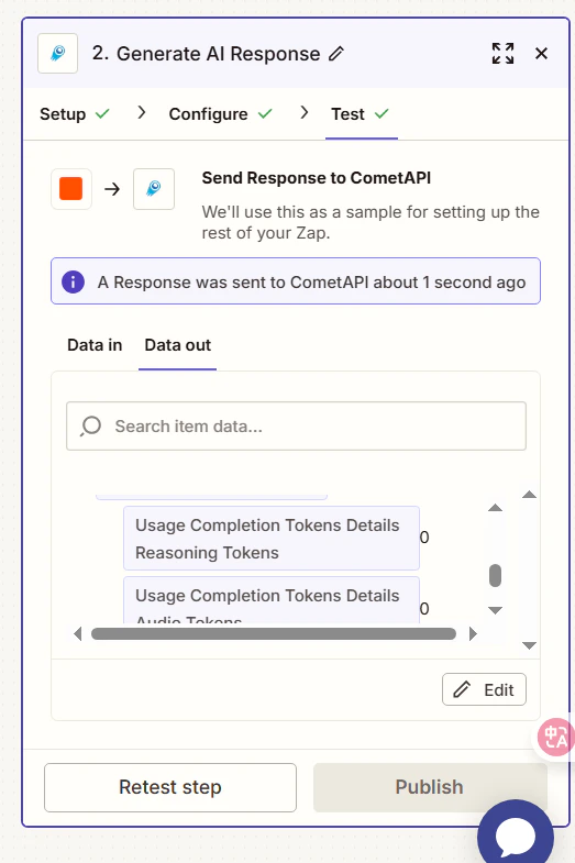 Risultato del test in Zapier che mostra una risposta AI riuscita