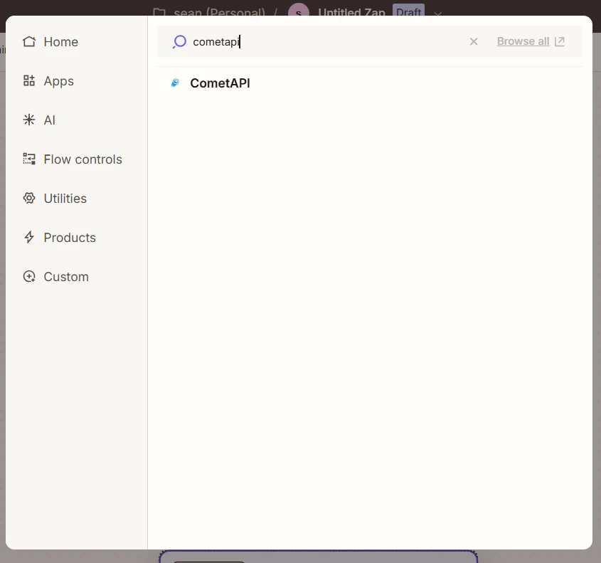 Schermata di selezione dell'azione CometAPI