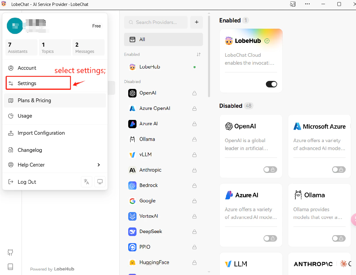 Lobe-Chat application settings — model provider list