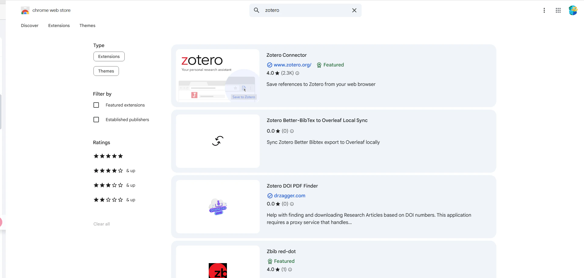 Browser extension panel with Zotero search