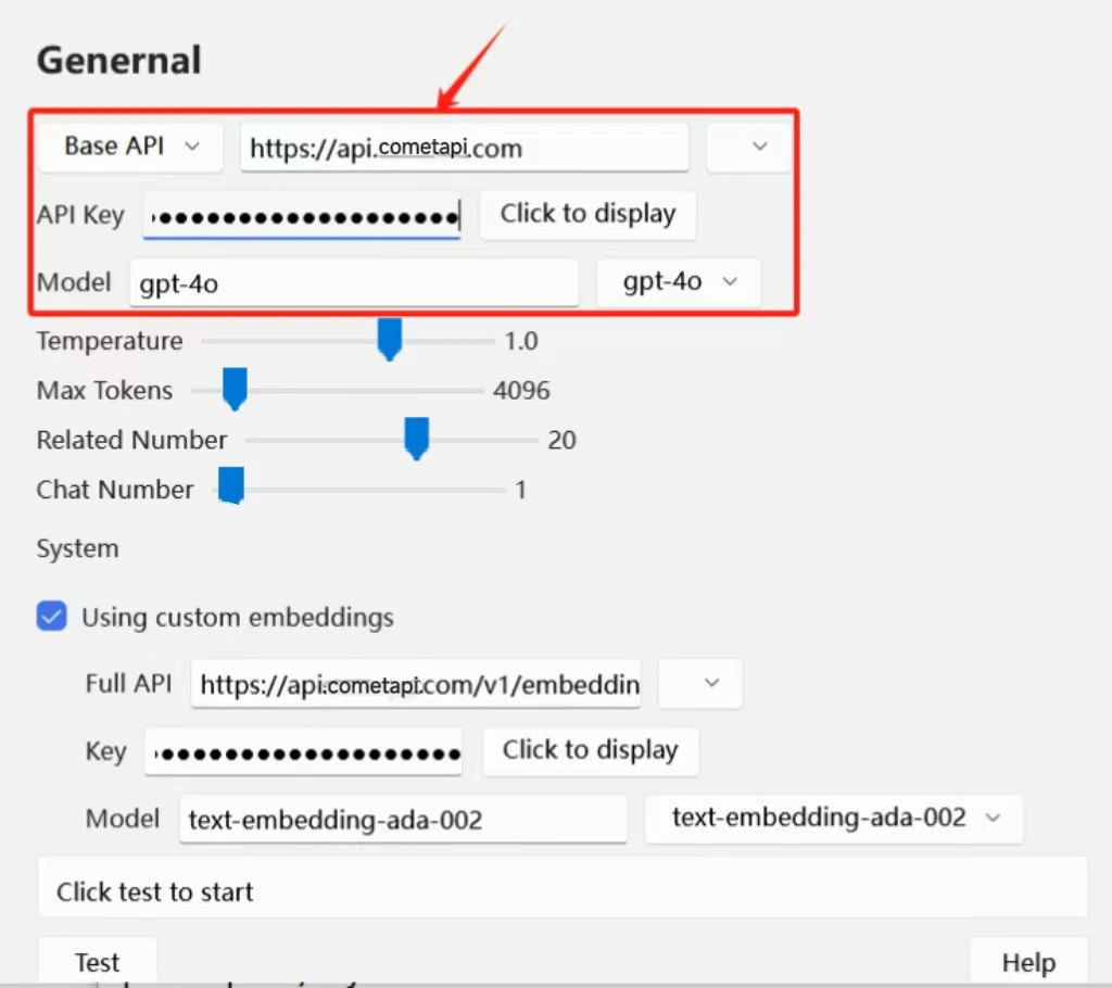 Zotero GPT settings with API address and key configured