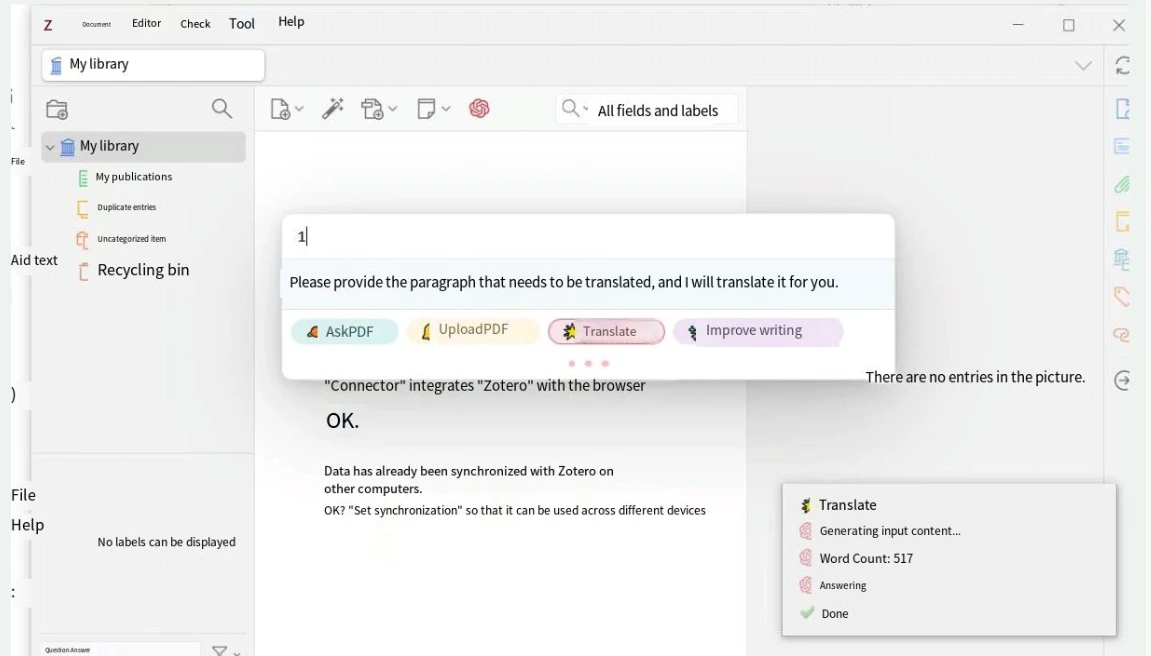 Zotero GPT responding to a question about an open paper