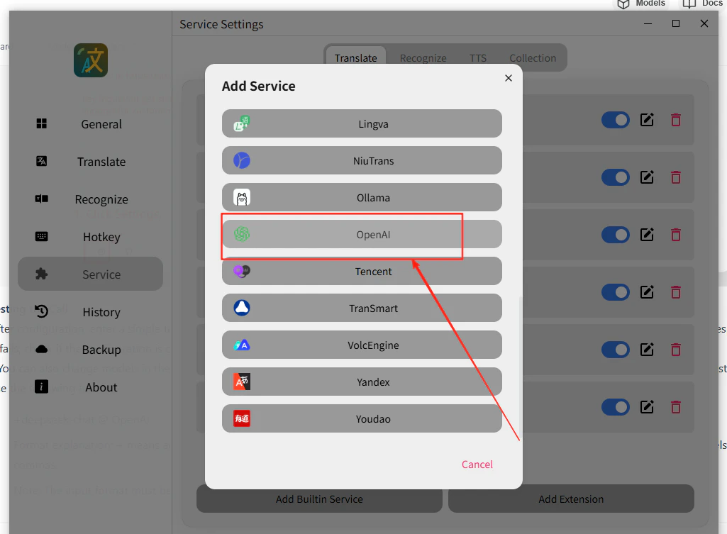 Selecting OpenAI service with stream enabled
