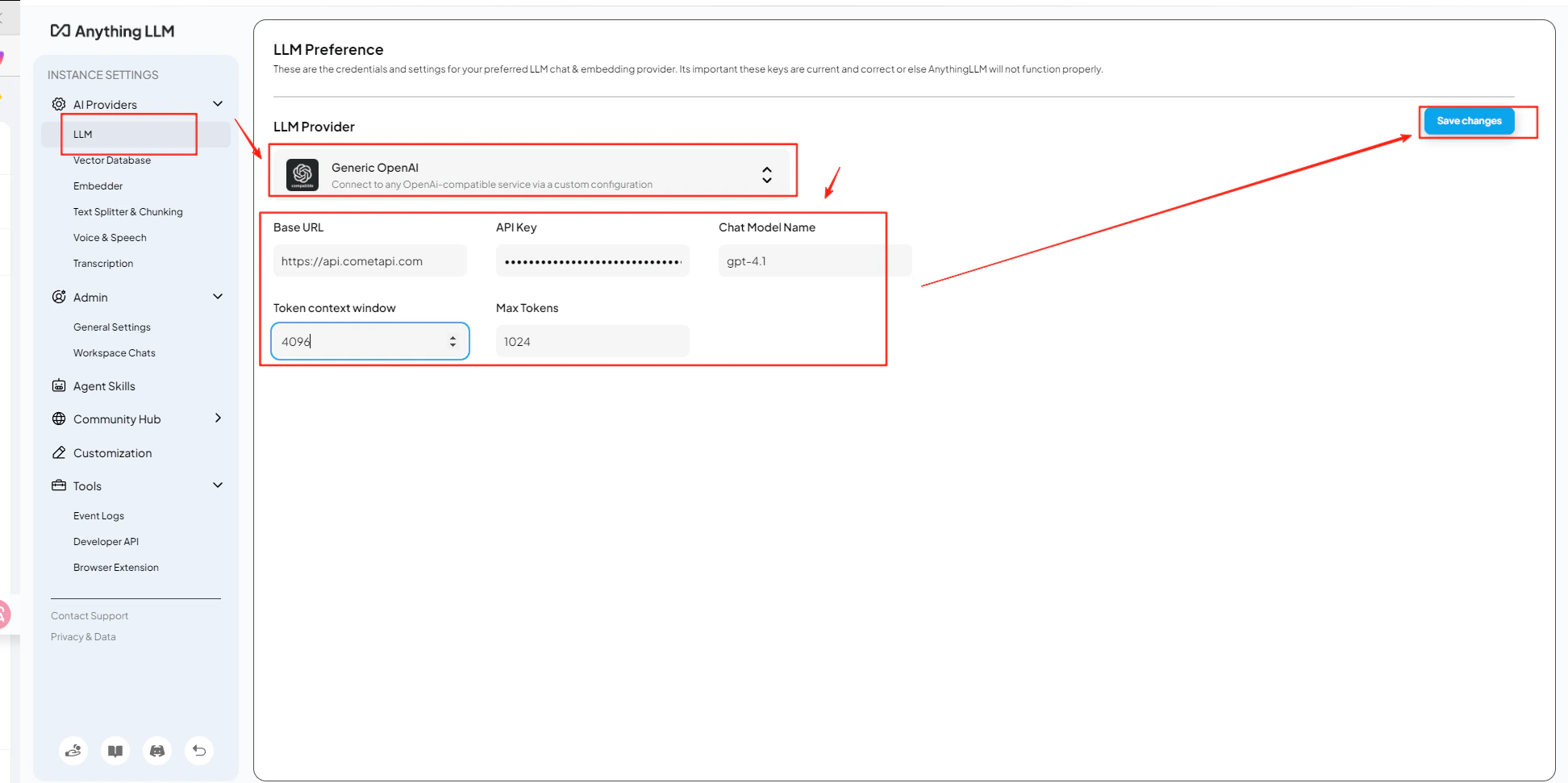 Model name and token settings configured