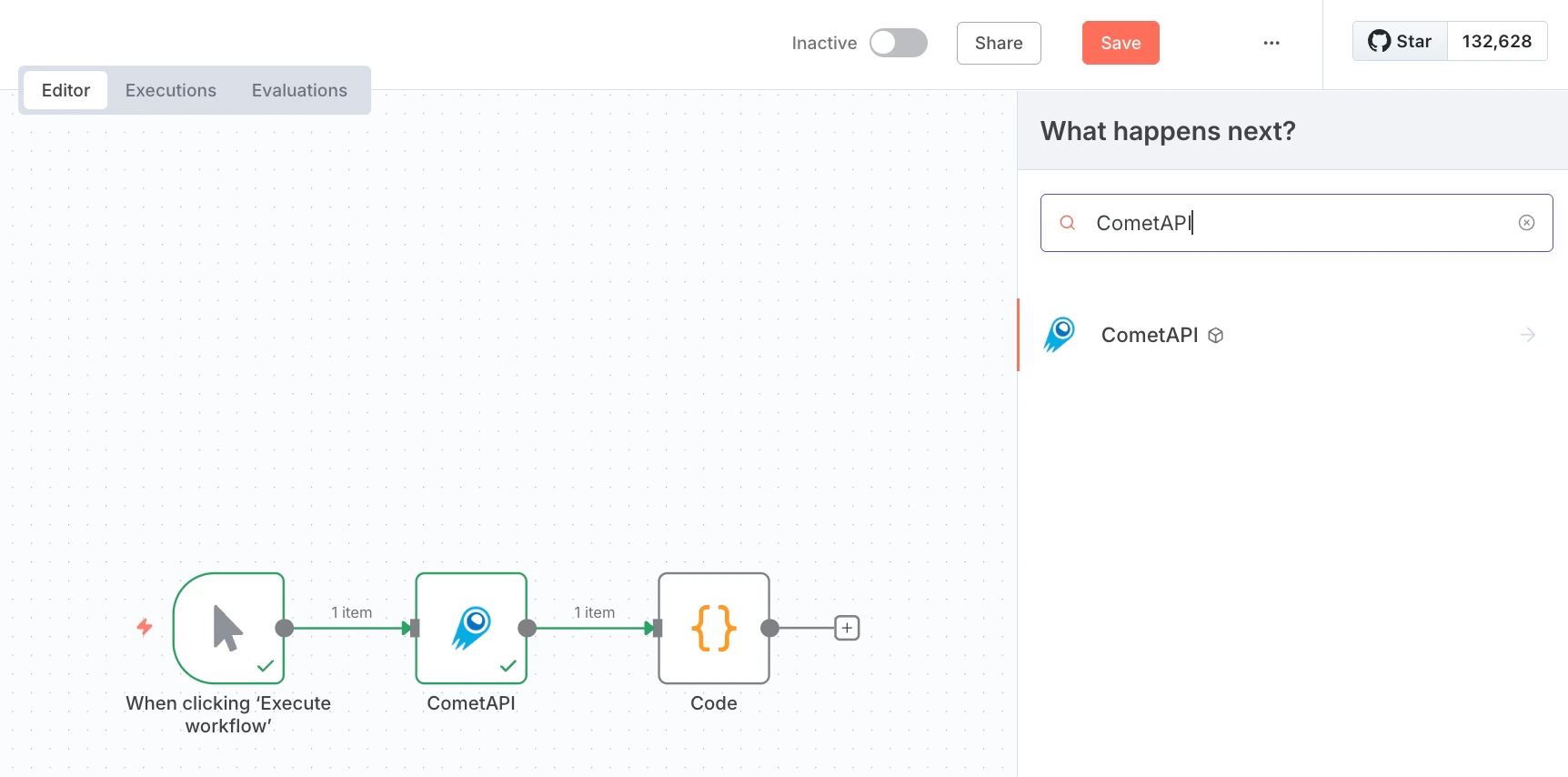 已将 CometAPI 节点添加到 n8n 画布