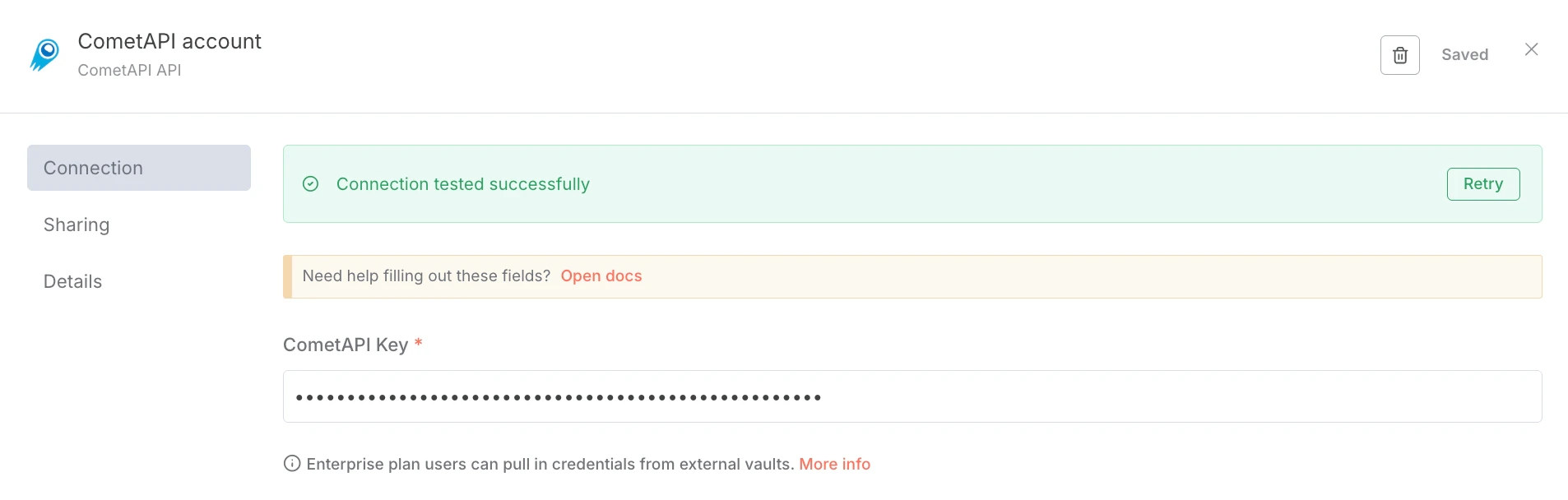 已输入 API key 的 CometAPI 凭据对话框