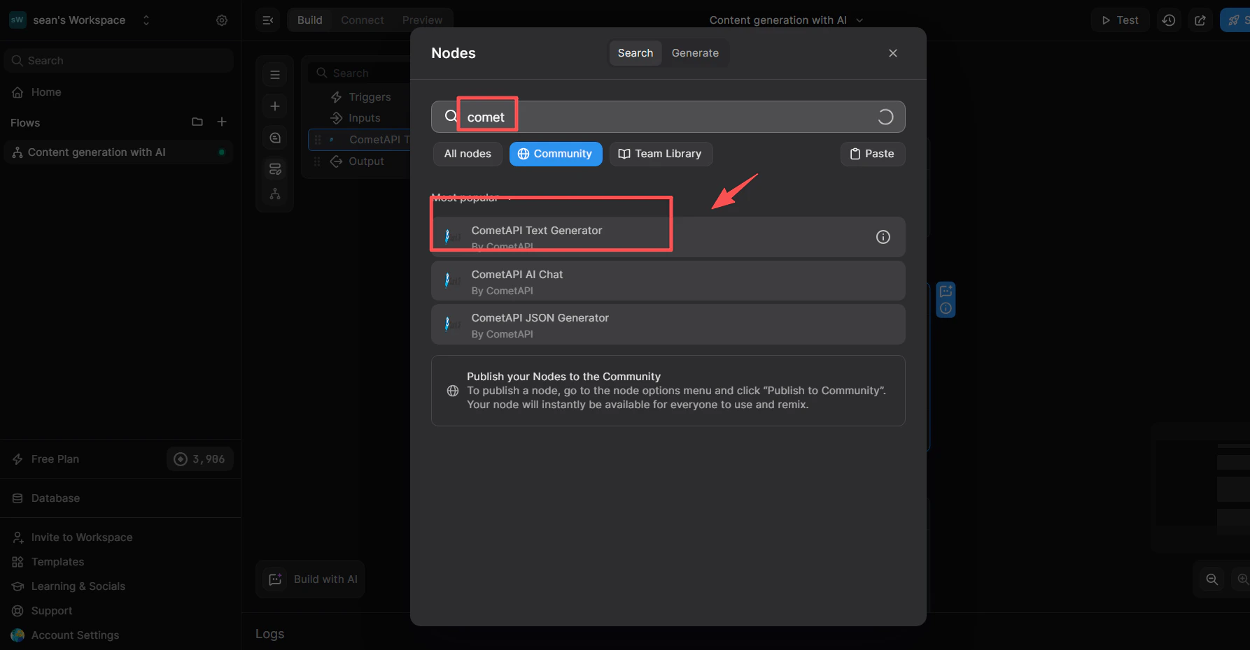 Node CometAPI Text Generator đã được thêm vào canvas