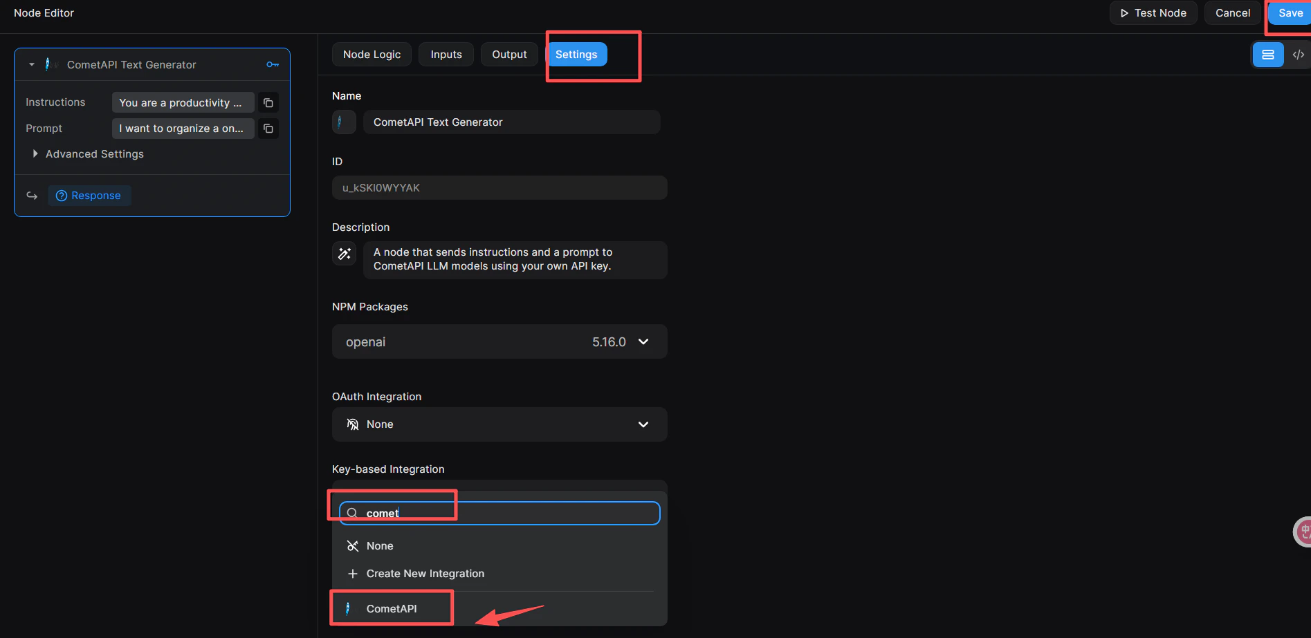 Tab Settings của Node Editor với Key-based Integration được đặt thành CometAPI