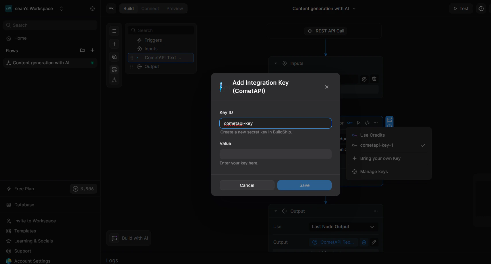 Hộp thoại quản lý key với các trường Key ID và Value đã được điền