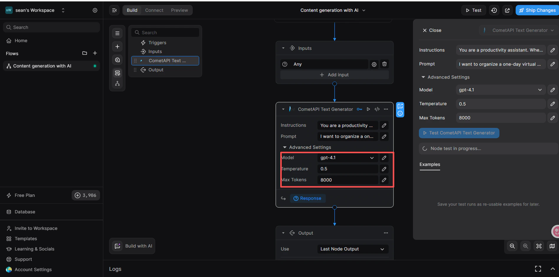 Node CometAPI với Instructions, Prompt và Model đã được cấu hình