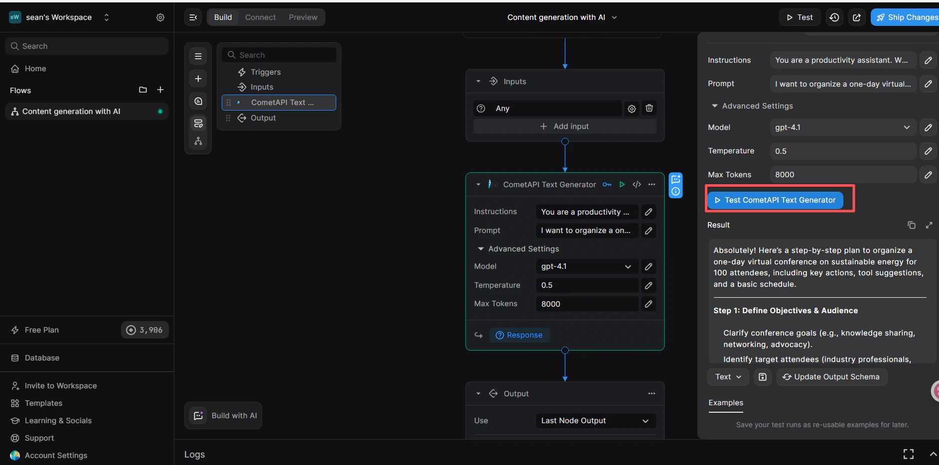 Bảng kiểm tra BuildShip hiển thị phản hồi CometAPI thành công