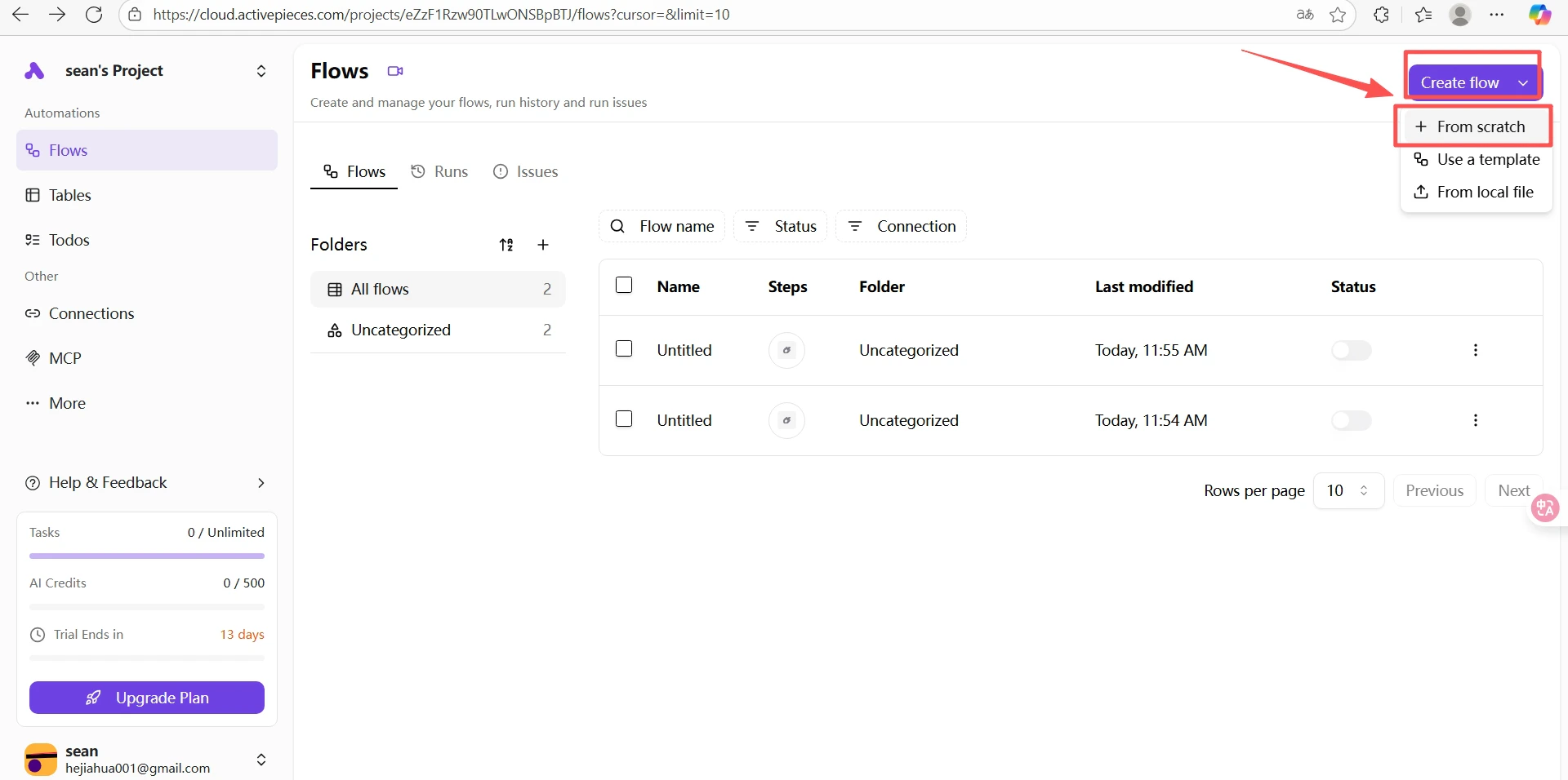 Obszar roboczy Activepieces z przyciskiem + do dodania kroku