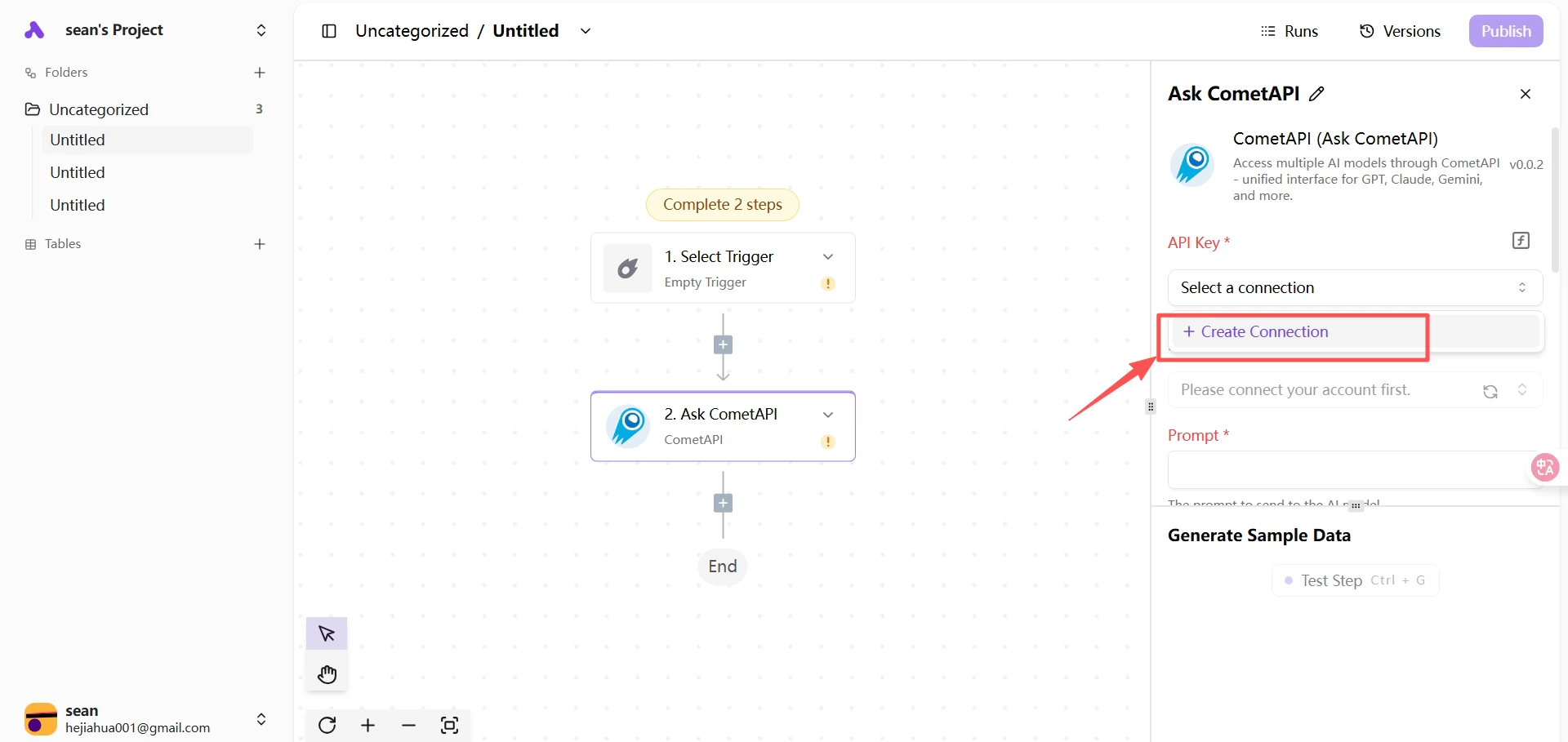Krok Ask CometAPI wybrany na liście konektorów