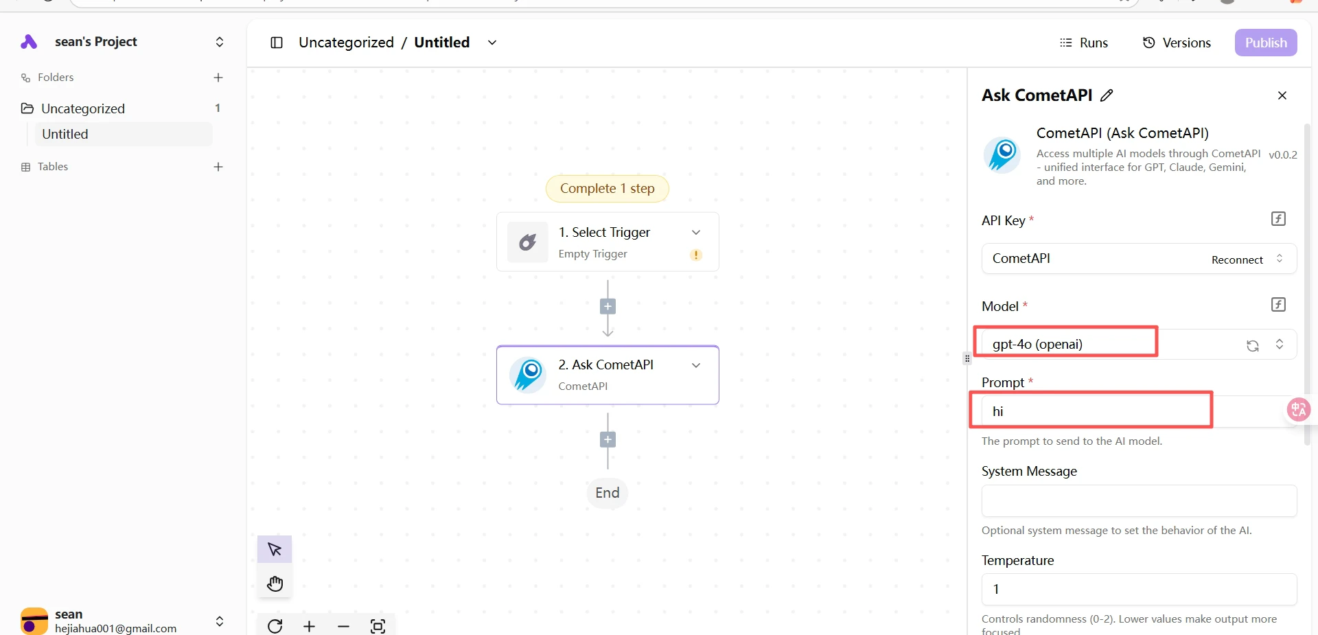 Konfiguracja prompt dla kroku Ask CometAPI